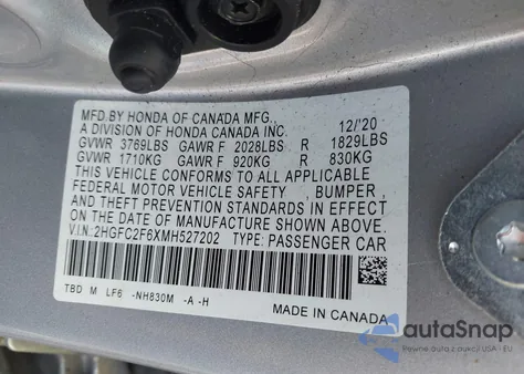 2021 Honda Civic Lx from USA, damaged, VIN 2HGFC2F6XMH527202